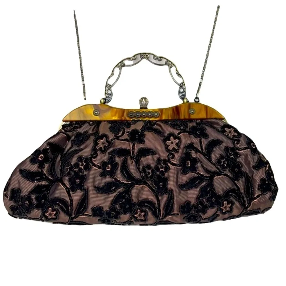 Vintage Inspired Black Gold Beaded Handbag Purse